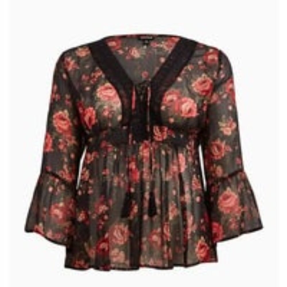 Babydoll Chiffon Lurex Crochet Detail Lace-Up Blouse